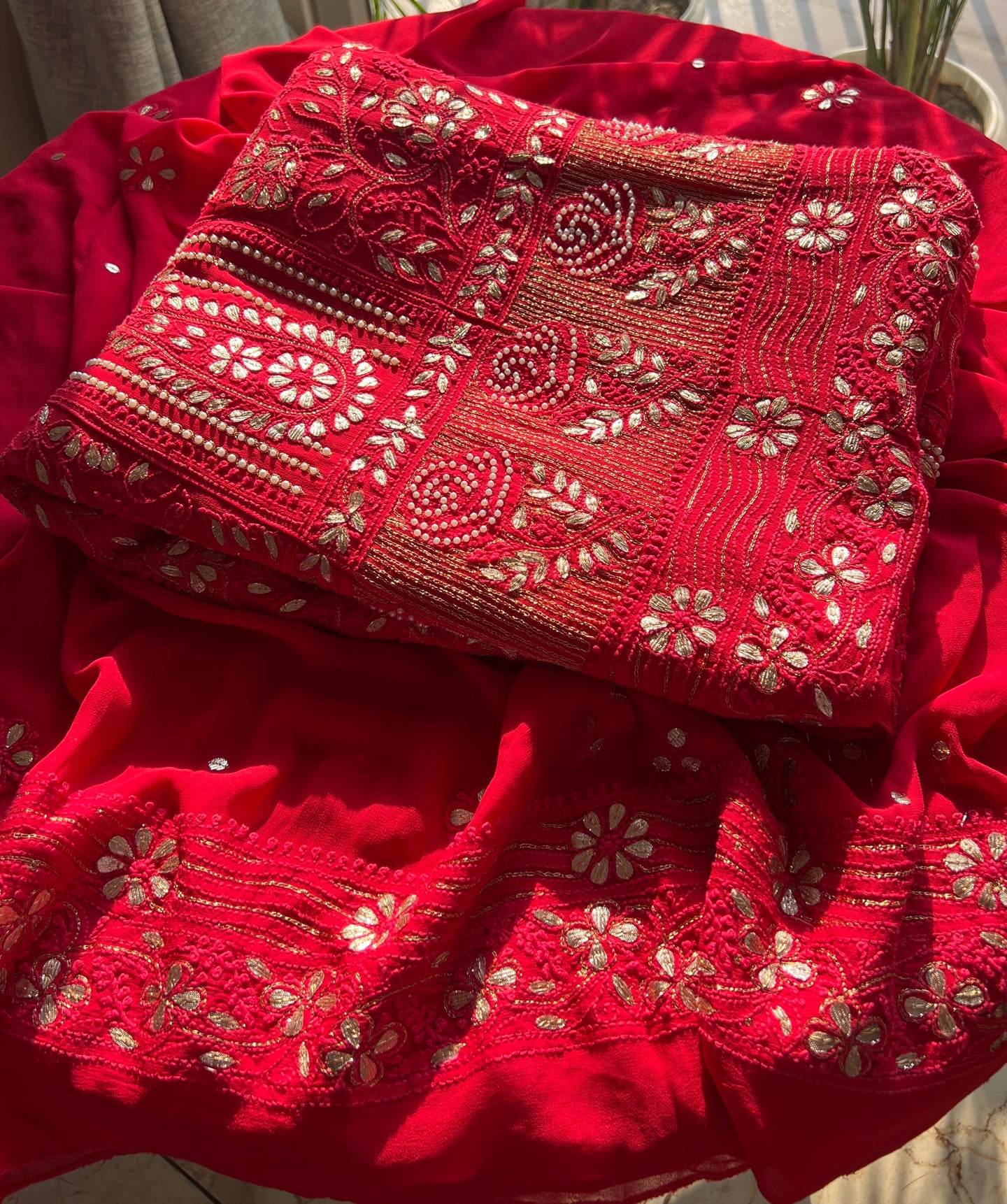 Red Chikankari pearl and Gota Patti Anarkali